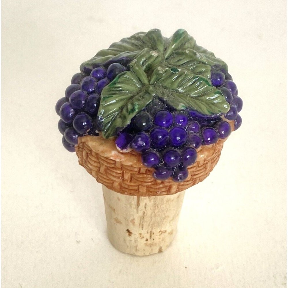 Basket of Grapes Cork Bottle Topper Hand Painted Ceramic Porcelain 17.5mm x 21mm